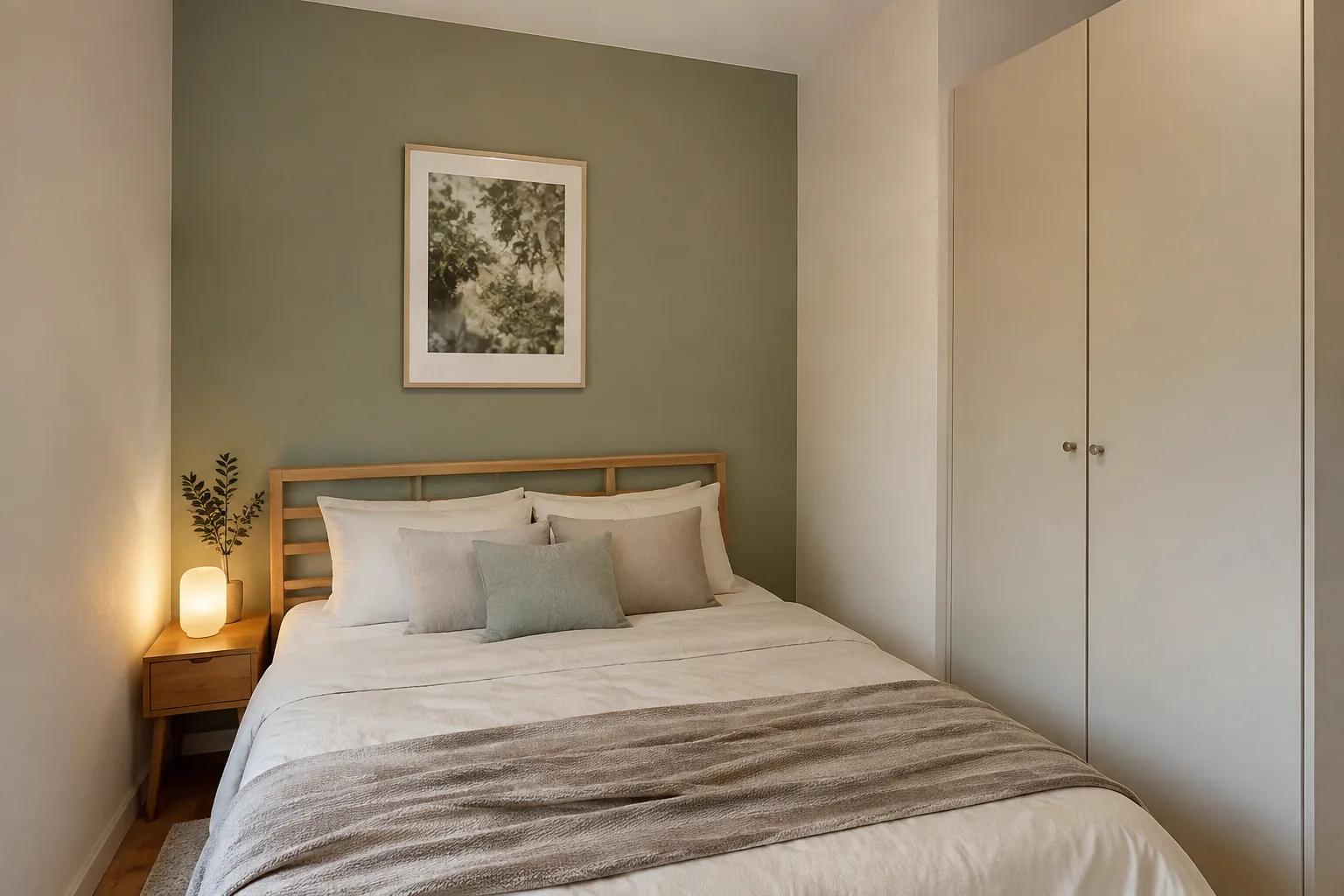 Gedämpfte salbeigrüne Akzentwand hinter dem Bett im kleinen Schlafzimmer