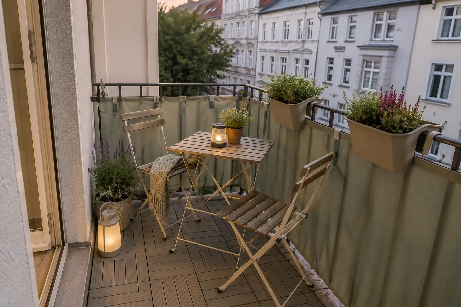 Kleiner Mietbalkon mit Sichtschutz, Klappmöbeln und Beleuchtung ohne Bohren