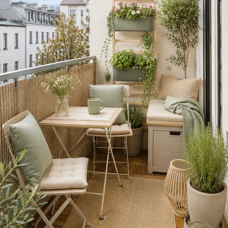 Kleiner Stadtbalkon mit Pflanzen, Sitzplatz und Sichtschutz