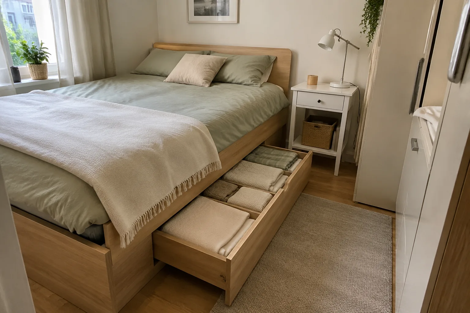 Bett mit geöffneten Schubladen für Bettwäsche im kleinen Schlafzimmer