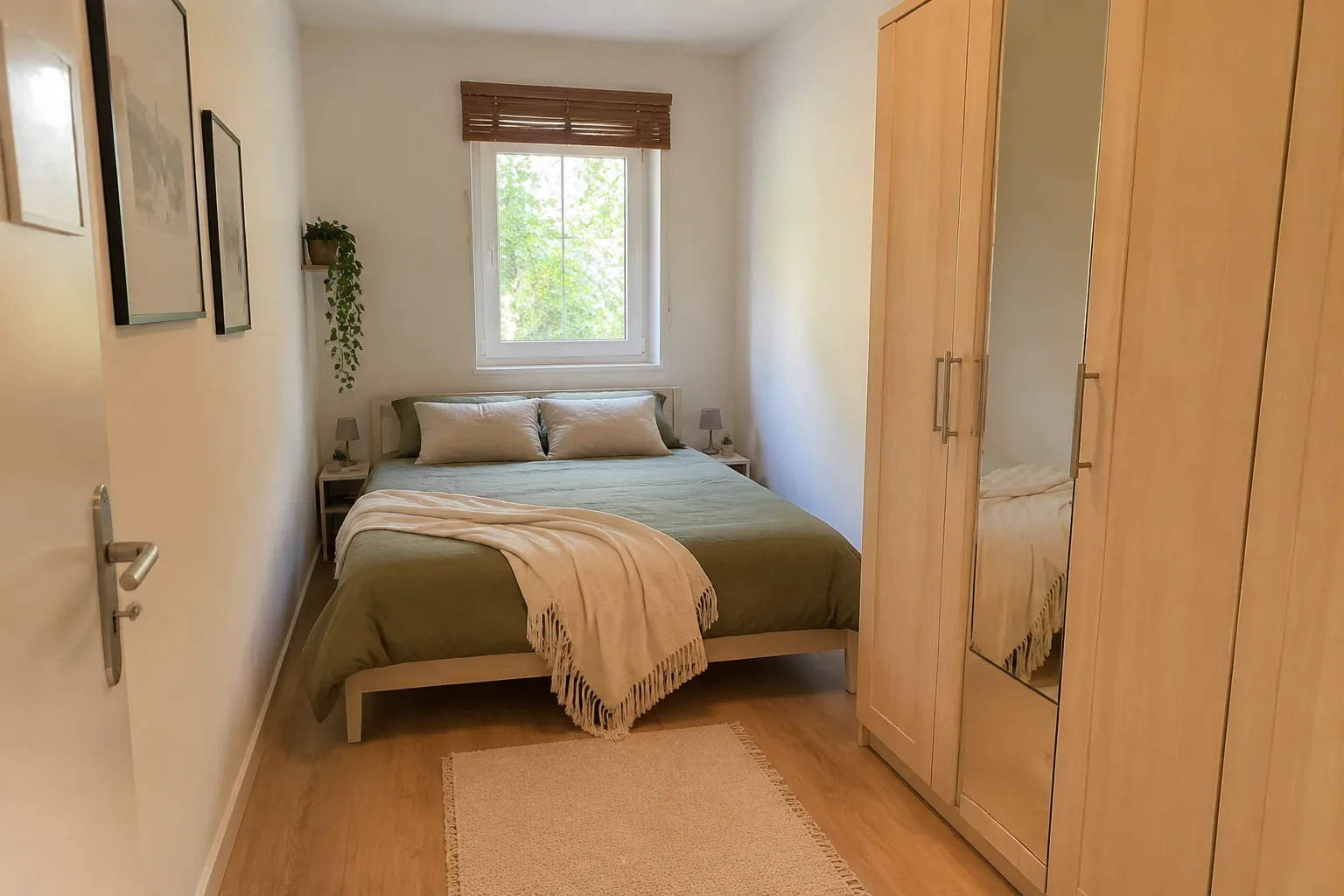 Drei mögliche Bettpositionen in einem kleinen schmalen Schlafzimmer vergleichen