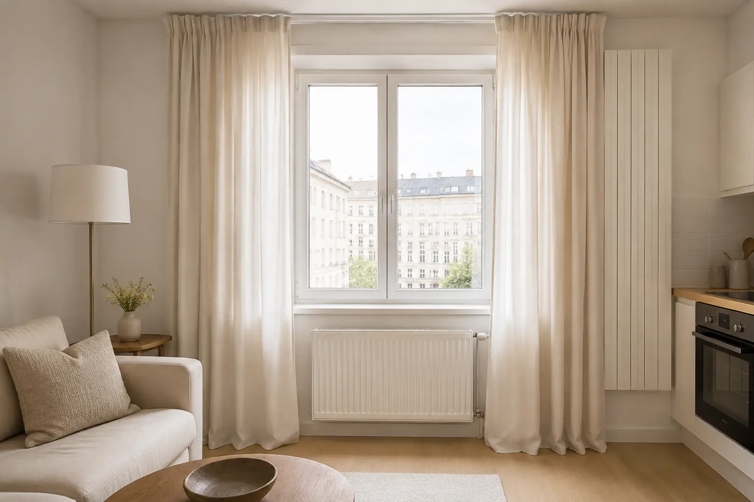 Deckenhoch montierte bodenlange Vorhänge in einer kleinen hellen Wohnung