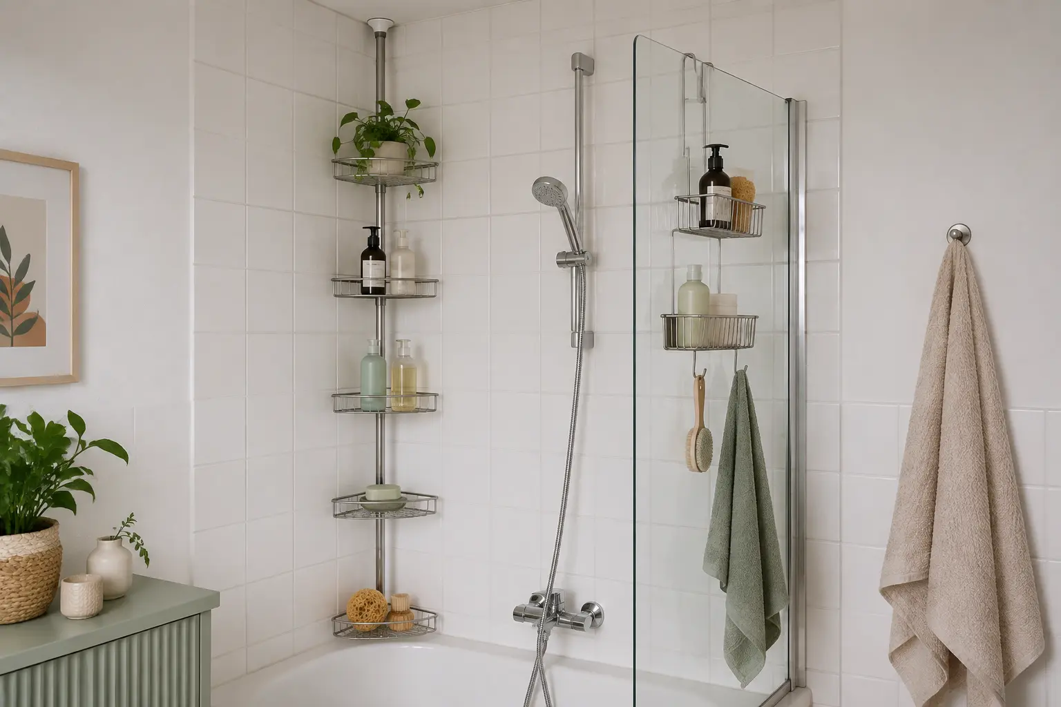 Teleskopregal und Einhängekorb schaffen Stauraum in der Dusche ohne Bohren