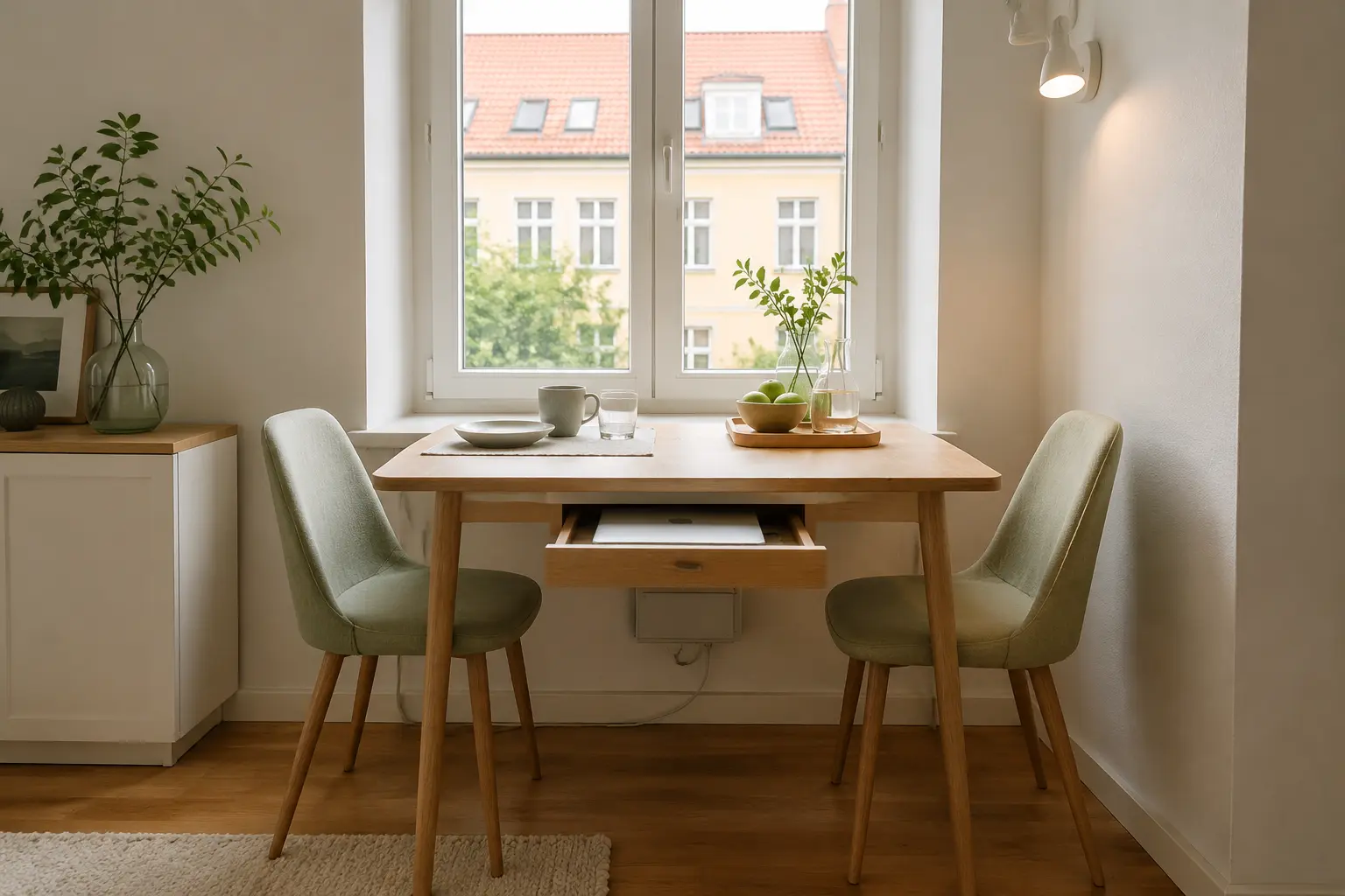 Kompakte Fensternische als Essplatz und Arbeitsplatz in einer kleinen Wohnung