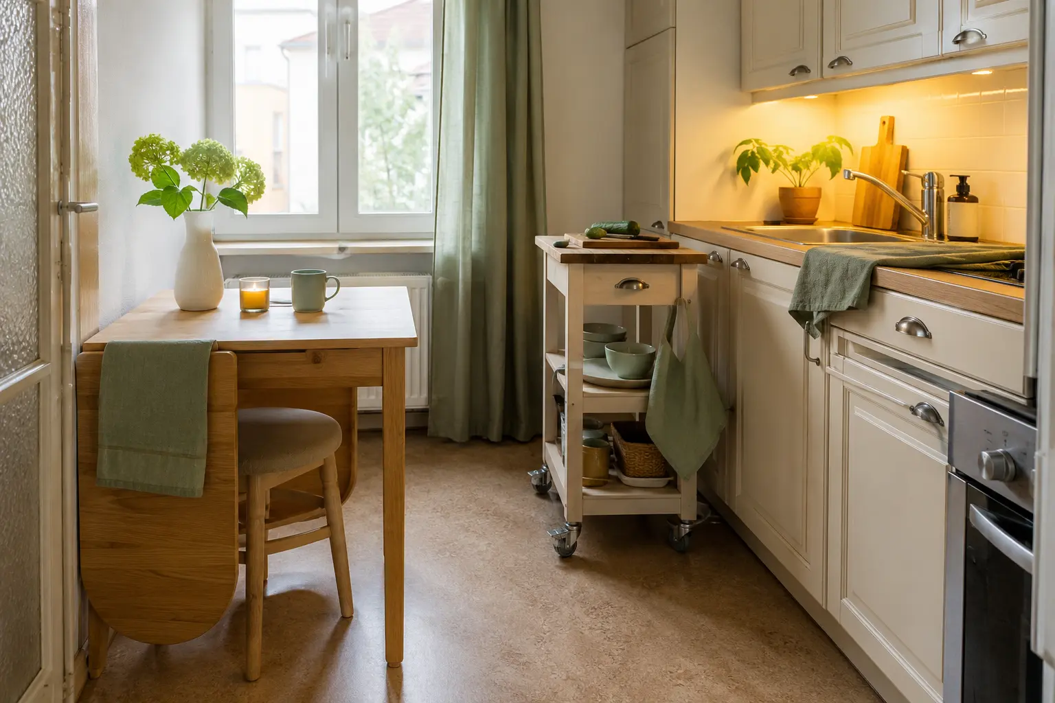 Platzsparender Essplatz mit Klapptisch in einer kleinen Mietküche