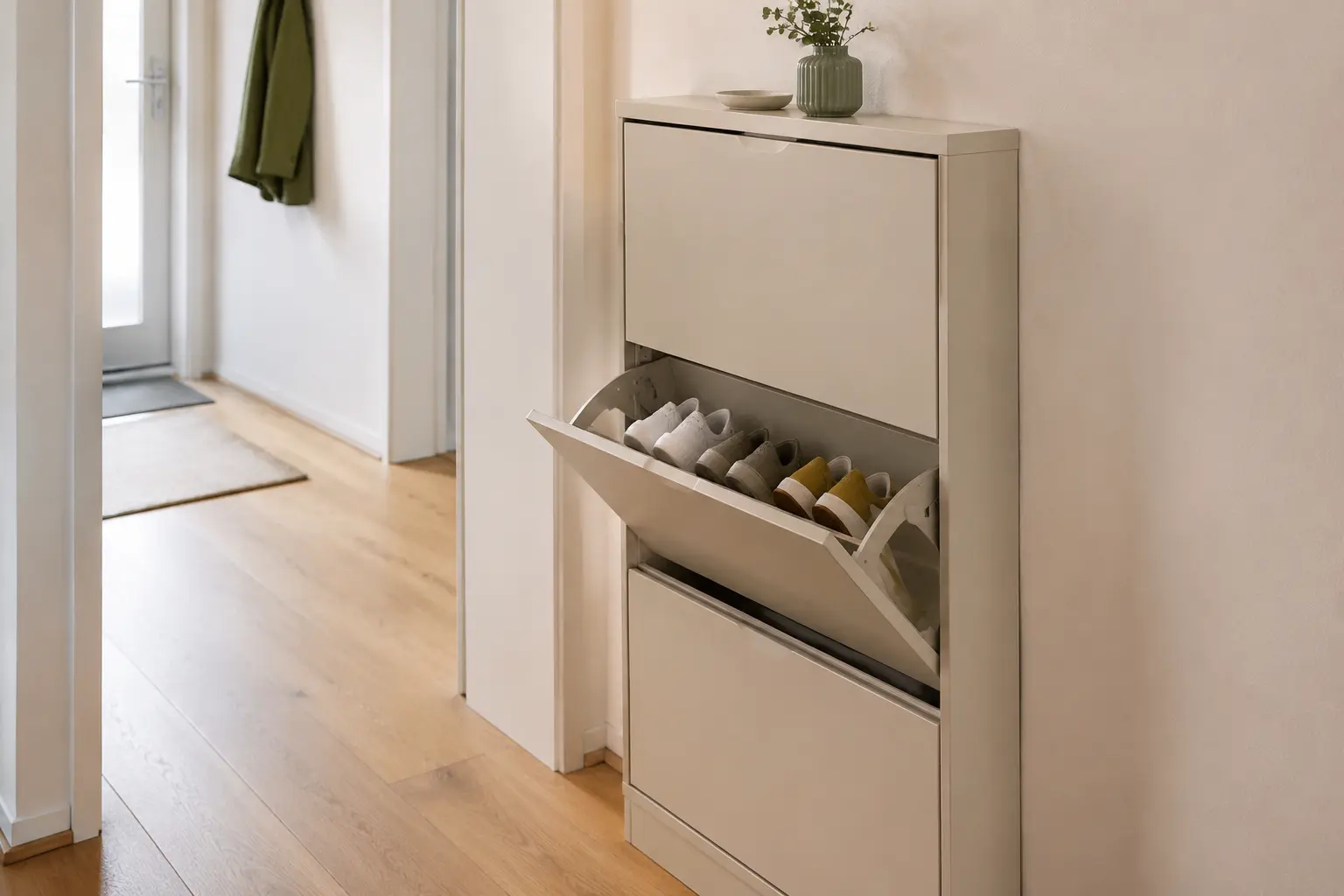 Flacher geschlossener Schuhschrank in einem kleinen hellen Flur