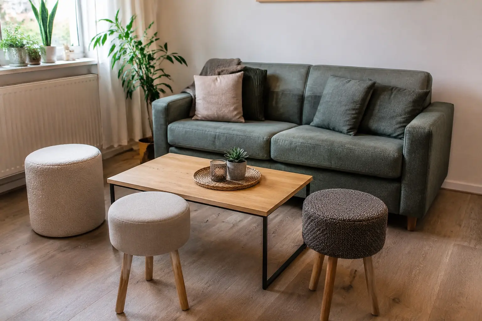 Leichte Hocker und Pouf als flexible Sitzplätze im kleinen Wohnzimmer