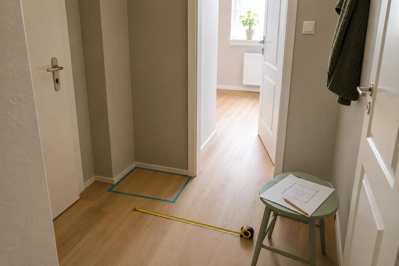 Kleinen Flur ausmessen mit Grundriss für Türen, Nischen und flache Möbel