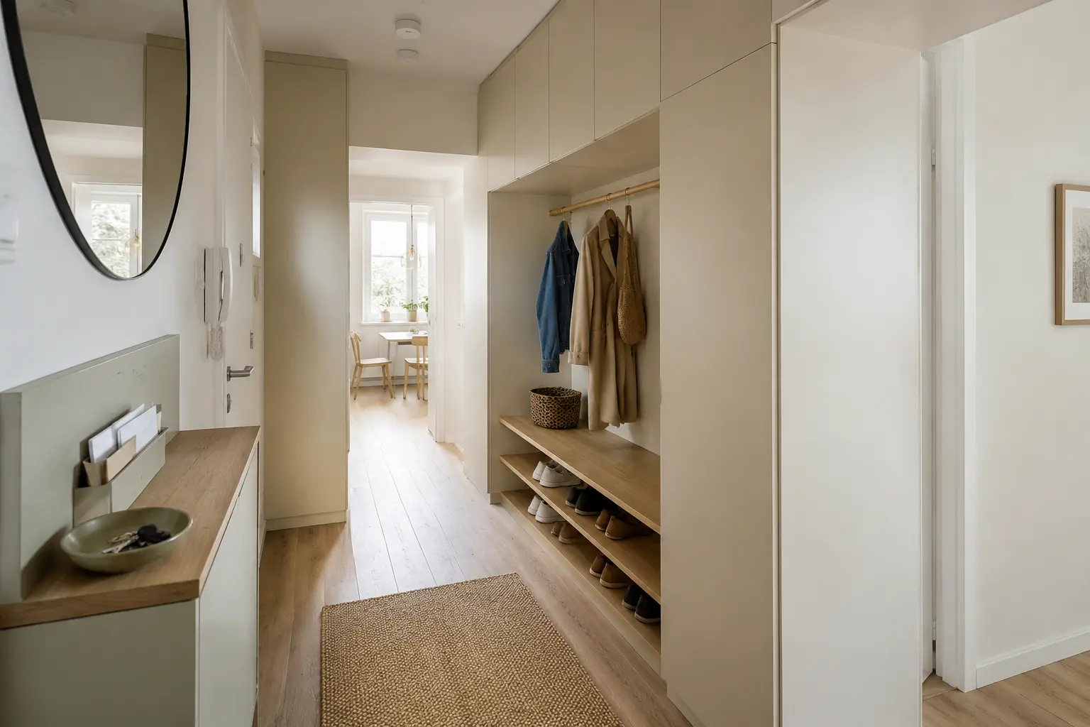 Drei Funktionszonen für Ankommen, Garderobe und Saisonstauraum im kleinen Flur