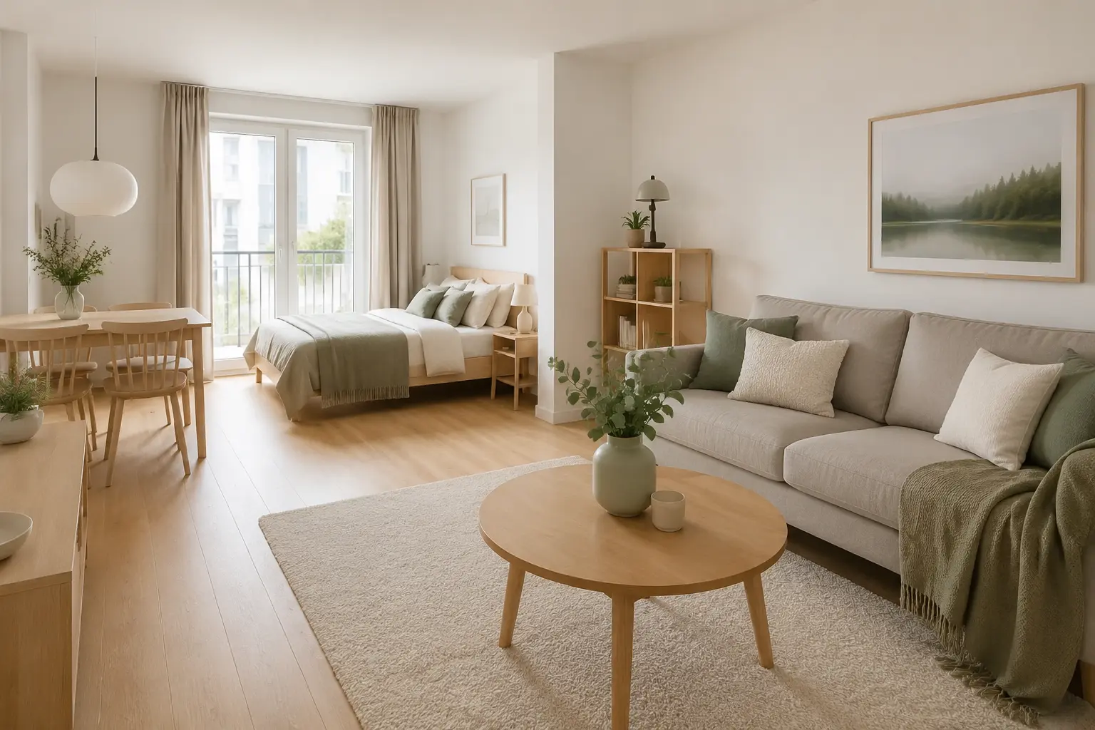 Helle Farbpalette aus Creme, Greige, Salbei und Holz in einer kleinen Wohnung