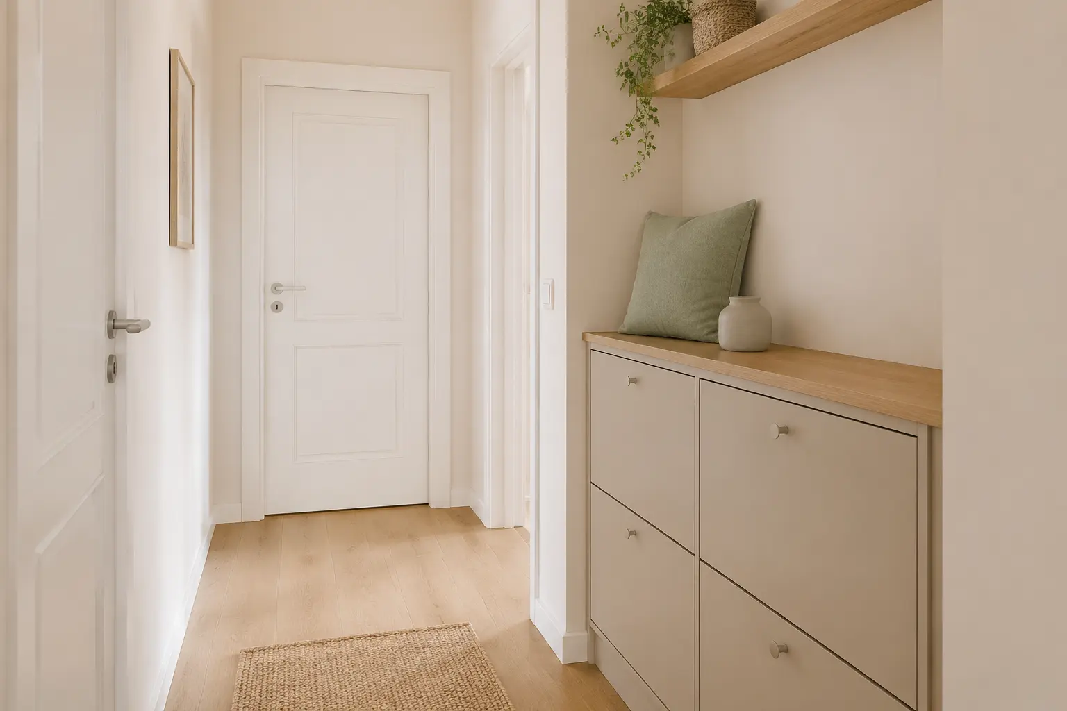 Helle Farbpalette aus Creme, Greige und Holz in einem kleinen Flur