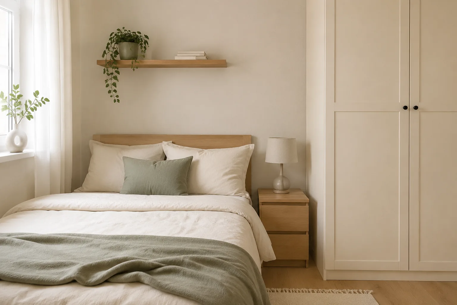 Helle Farbpalette aus Creme, Holz und Salbei in einem kleinen Schlafzimmer