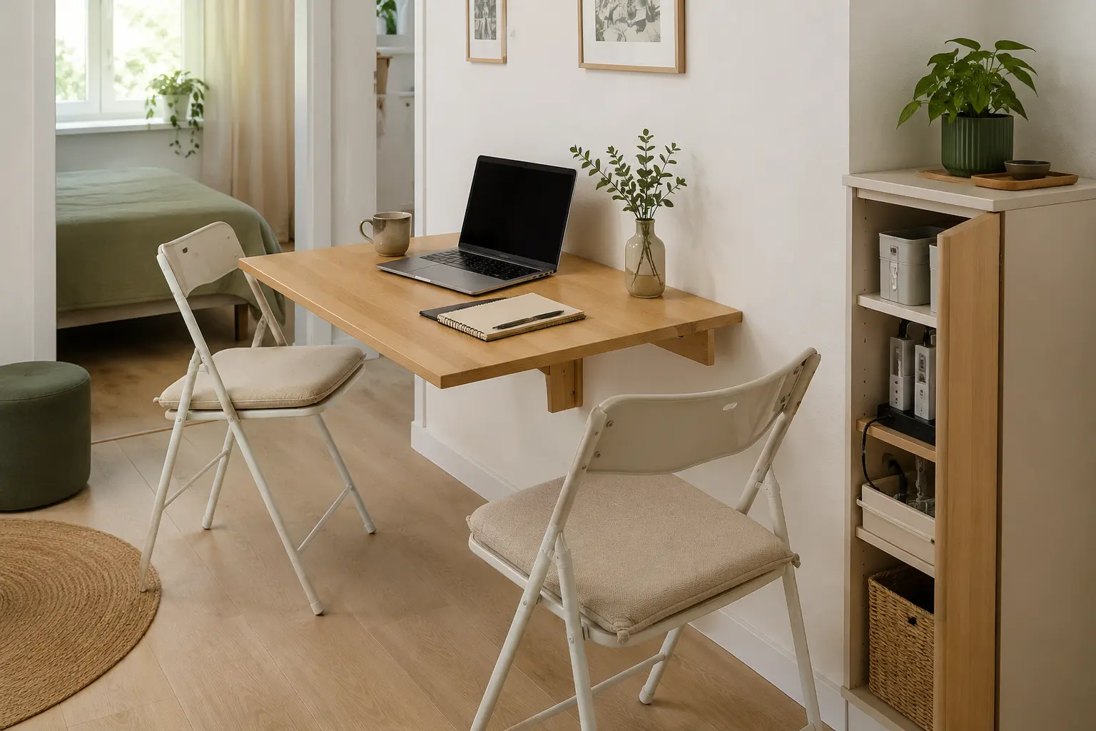 Ausgeklappter Wandtisch als Essplatz und Arbeitsplatz in einer kleinen Wohnung