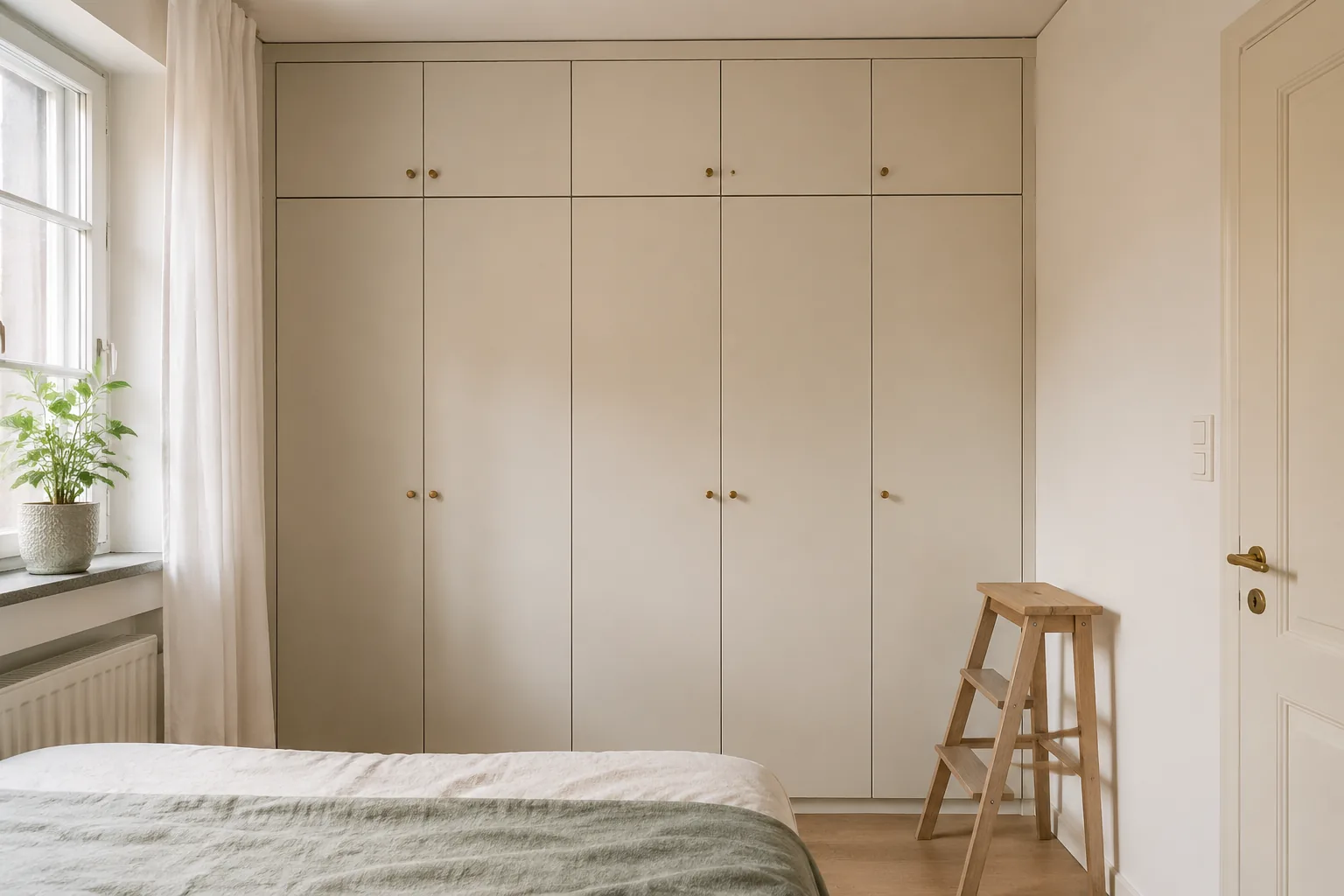 Deckenhoher heller Kleiderschrank nutzt die Raumhöhe im kleinen Schlafzimmer