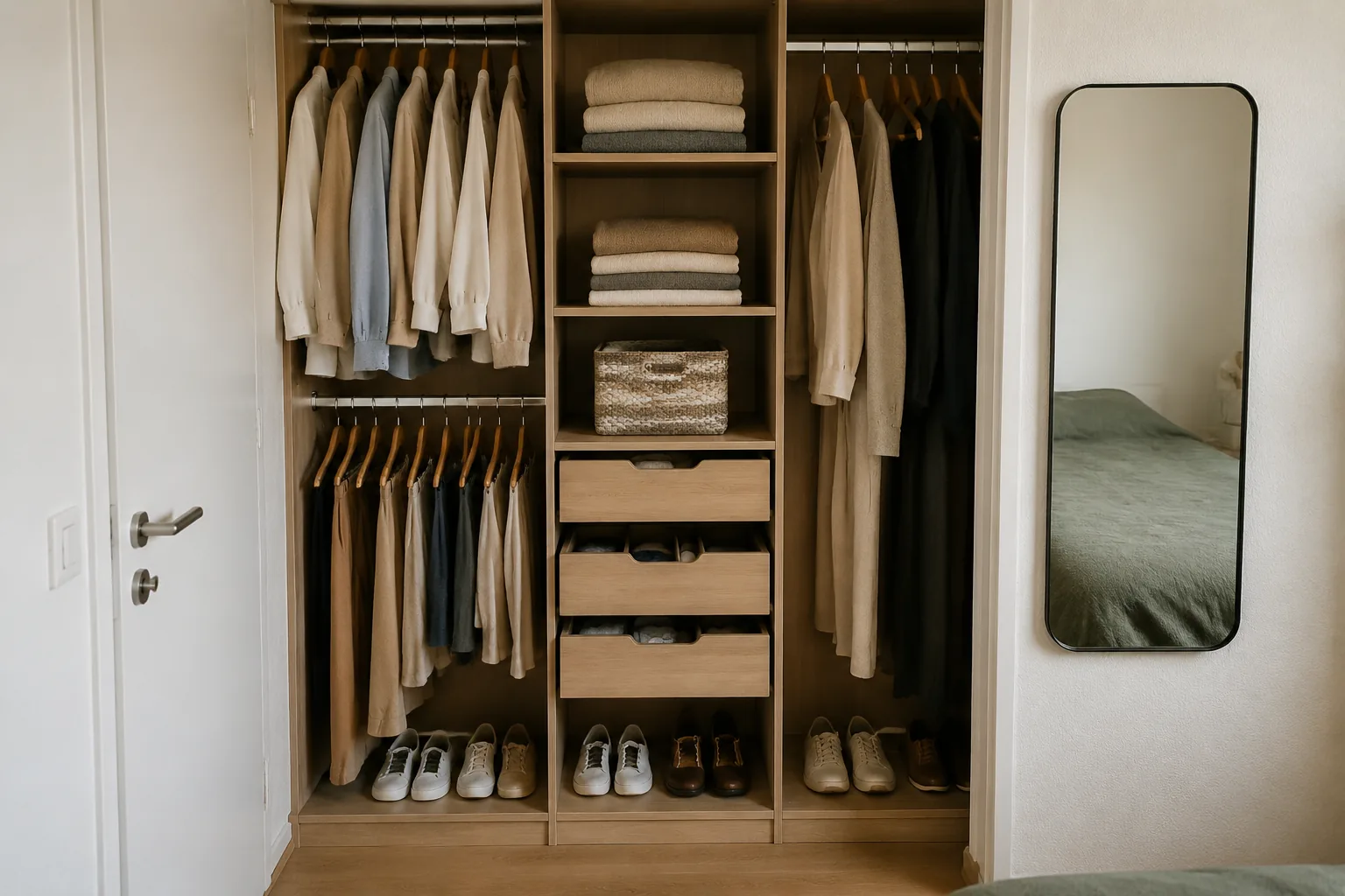Organisierter kleiner Kleiderschrank mit Schubladen, Böden und zwei Kleiderstangen