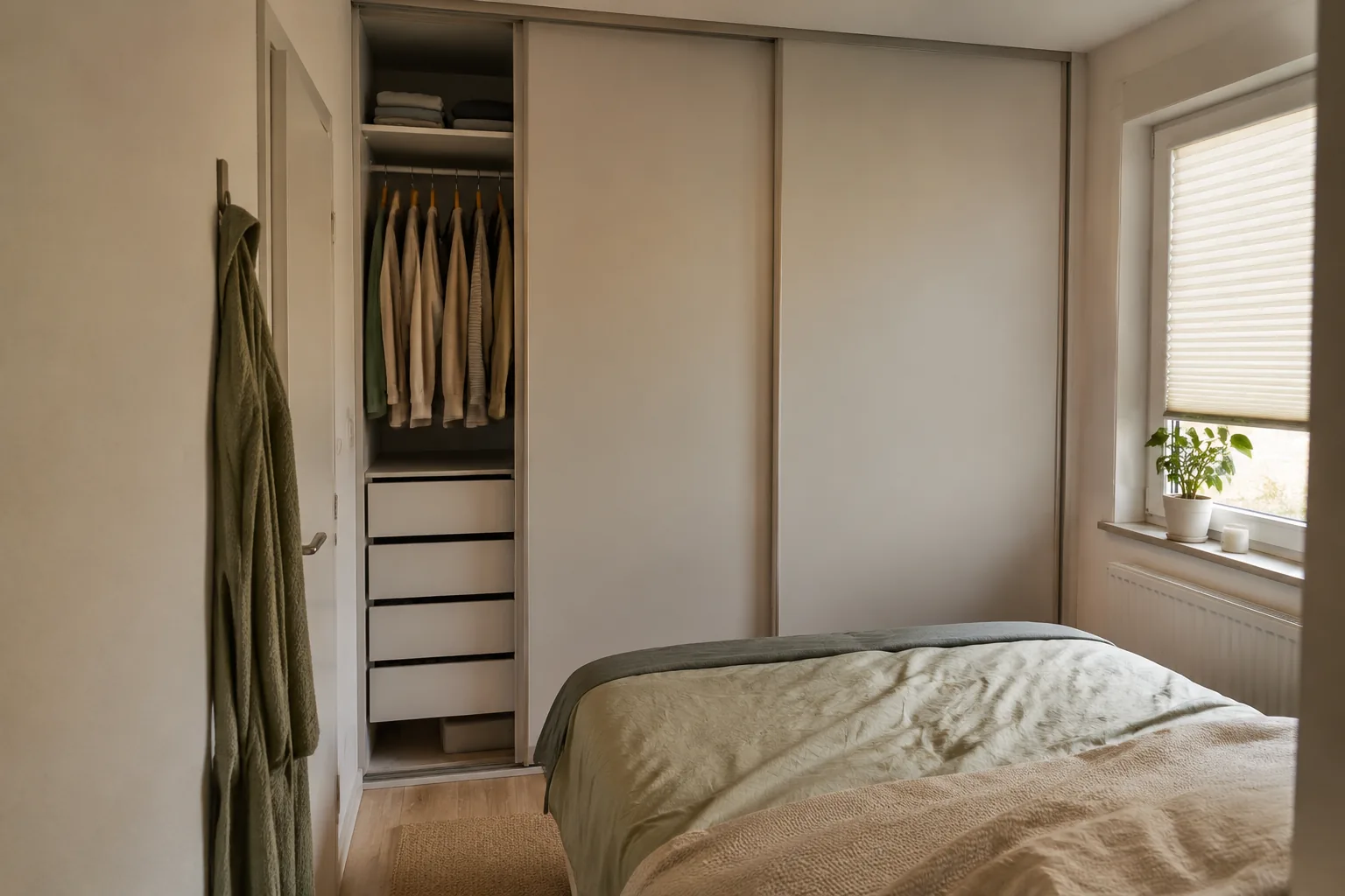 Kleiderschrank mit hellen Schiebetüren gegenüber einem Bett im kleinen Schlafzimmer
