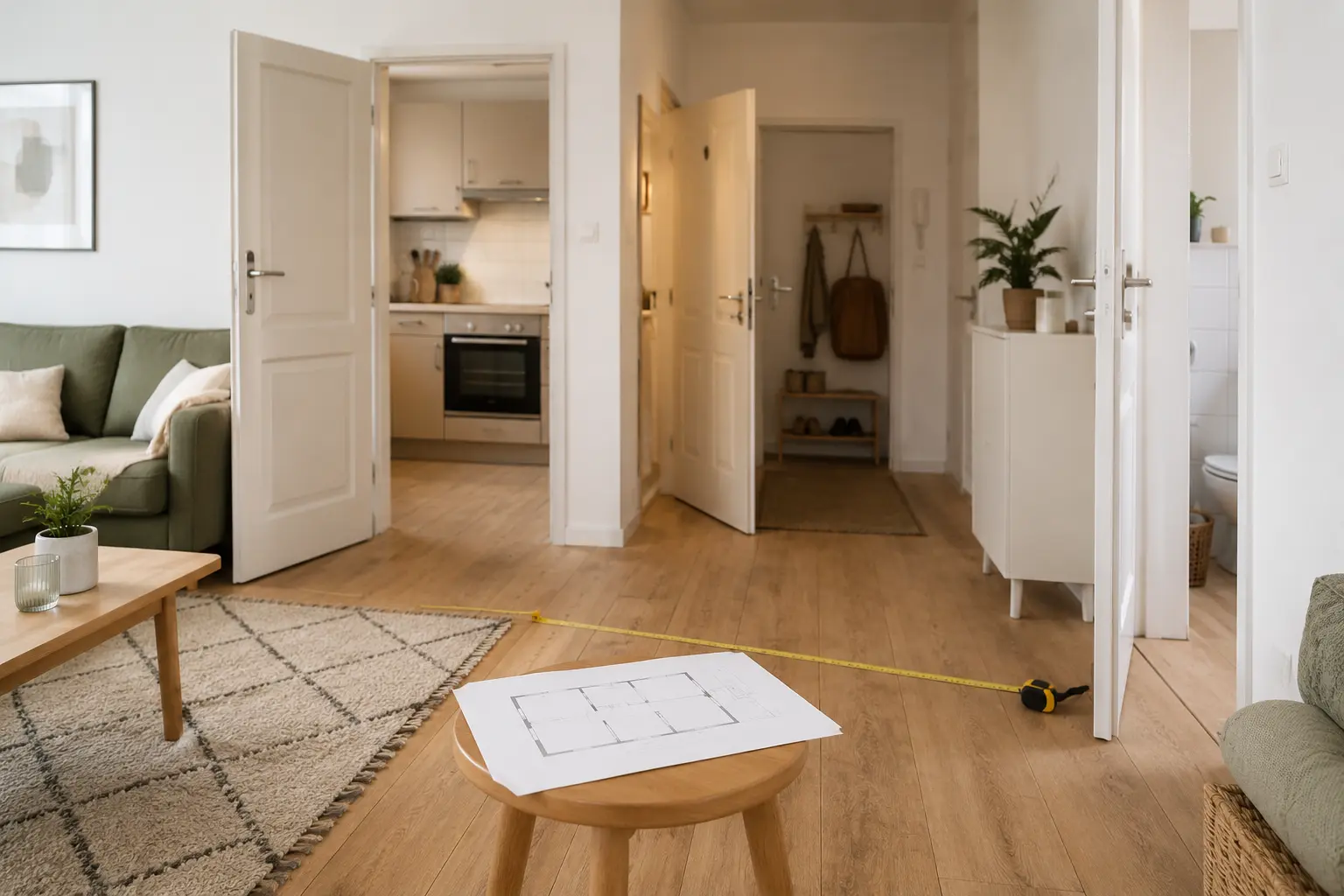 Grundriss einer kleinen Wohnung mit eingezeichneten Laufwegen und Türbewegungen