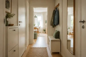 Kleinen Flur einrichten mit flacher Garderobe, geschlossenem Stauraum und großem Spiegel