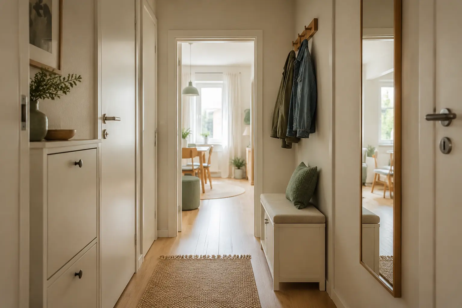 Kleinen Flur einrichten mit flacher Garderobe, geschlossenem Stauraum und großem Spiegel