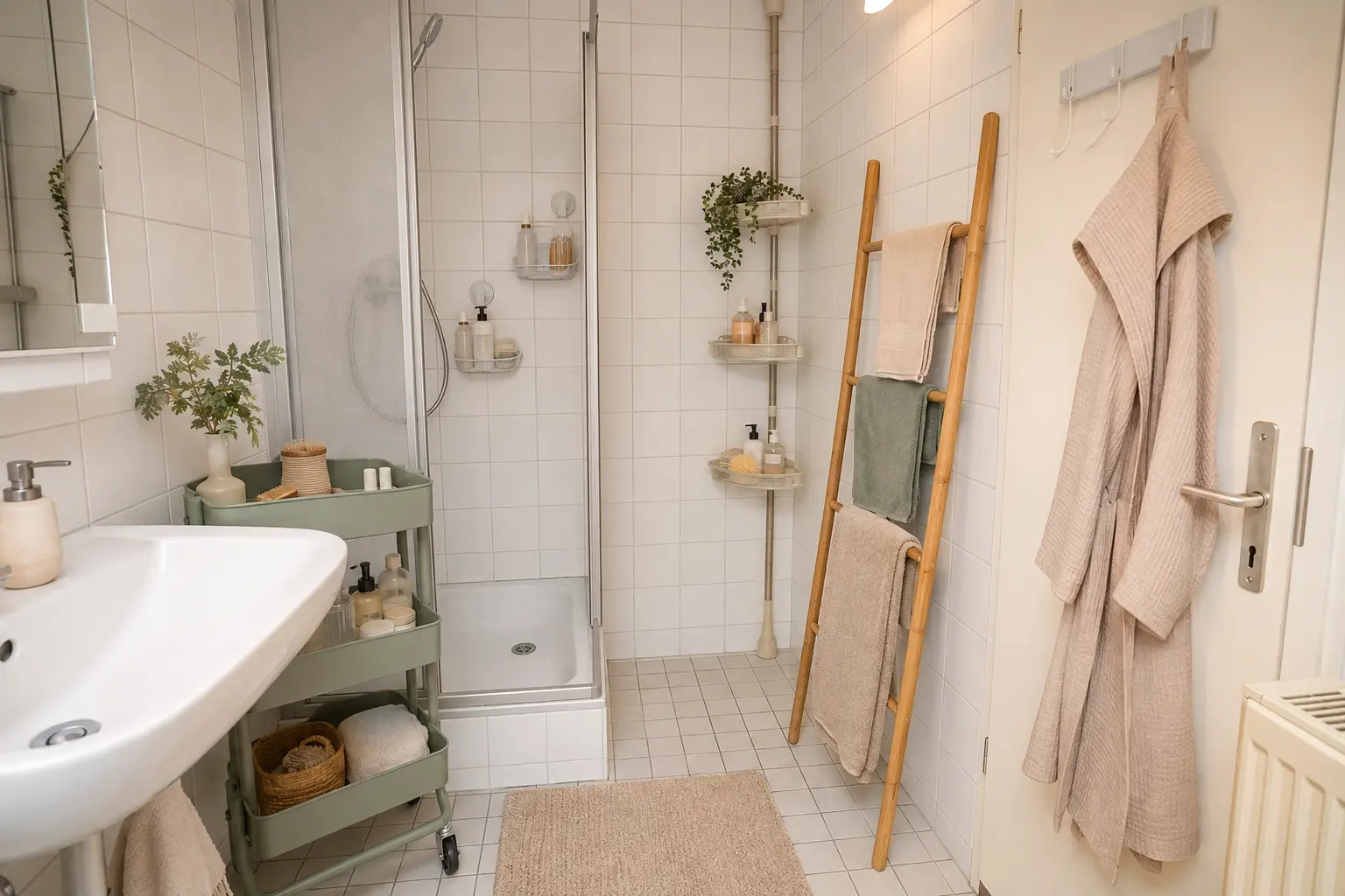 Kleines Mietbad mit Teleskopregal, Rollwagen und Haken ohne Bohren