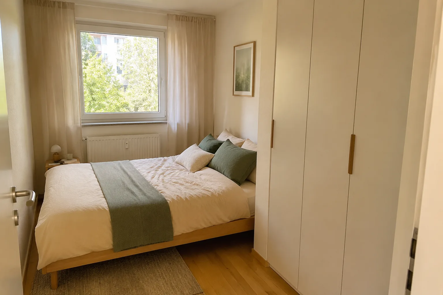 Kleines Schlafzimmer einrichten mit hellem Bett, deckenhohem Schrank und ruhigen Naturfarben