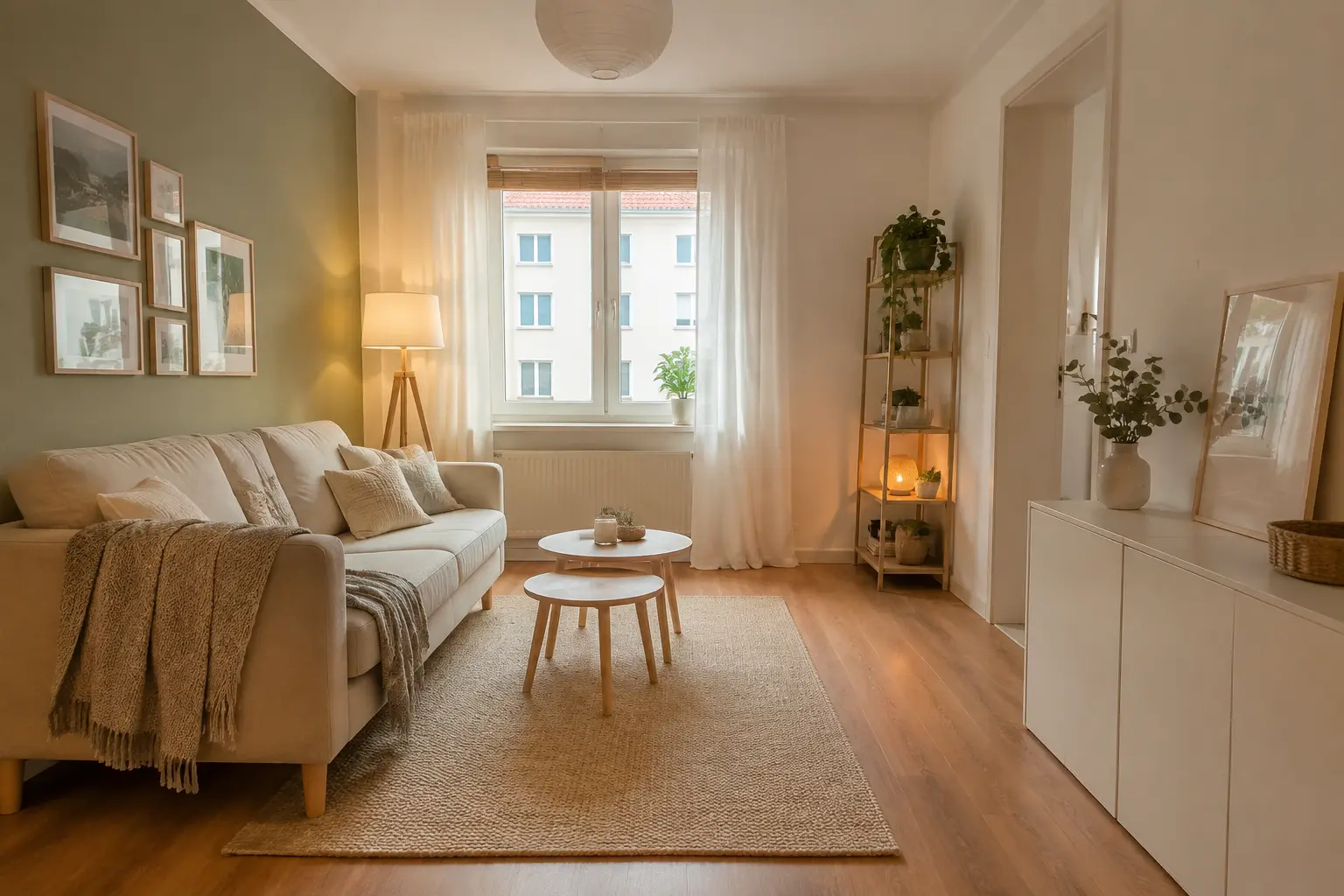 Kleines Wohnzimmer einrichten mit hellem Sofa, rundem Tisch und praktischem Stauraum