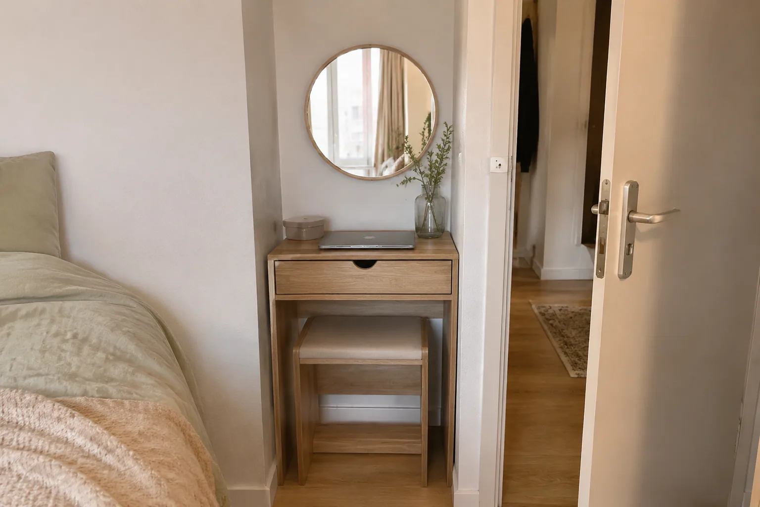 Schmale Konsole als Schminkplatz und kleiner Arbeitsplatz in einer Schlafzimmerecke