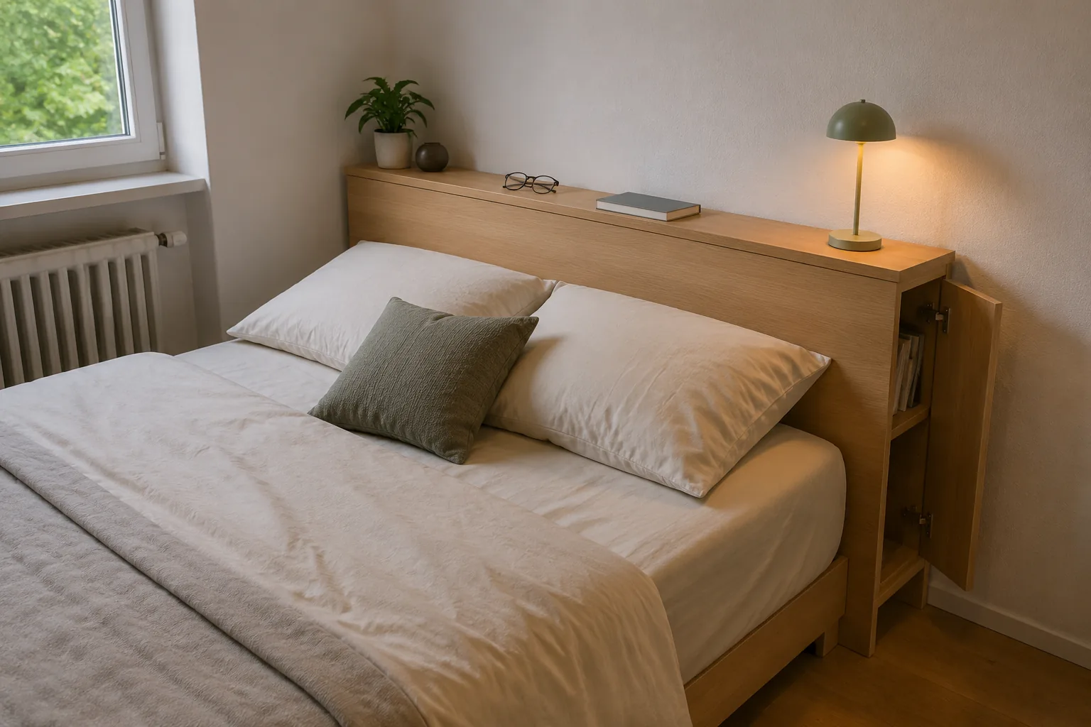 Schmales Bettkopfteil mit Ablage und seitlichen Fächern im kleinen Schlafzimmer