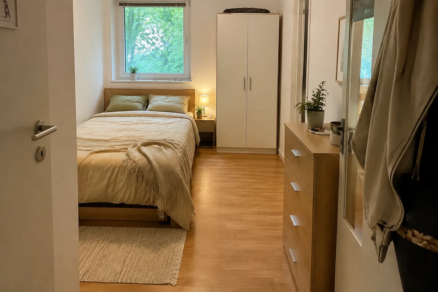 Freier Laufweg zwischen Bett, Tür und Kleiderschrank im kleinen Schlafzimmer