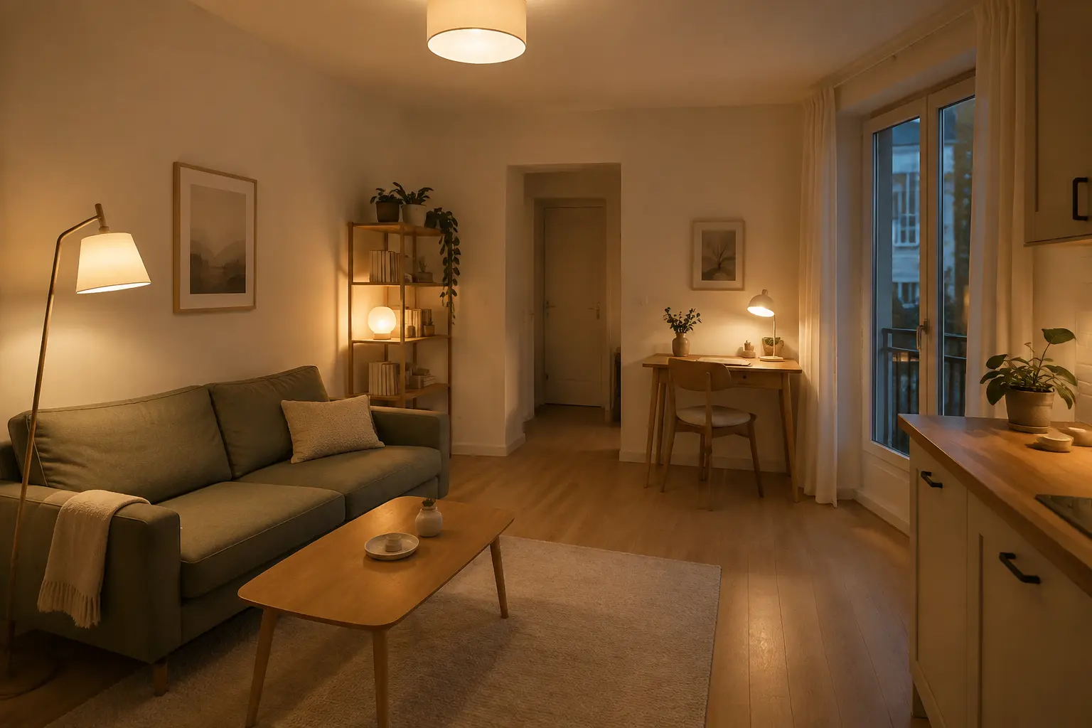 Mehrere warmweiße Lichtquellen in einer kleinen Wohnung am Abend