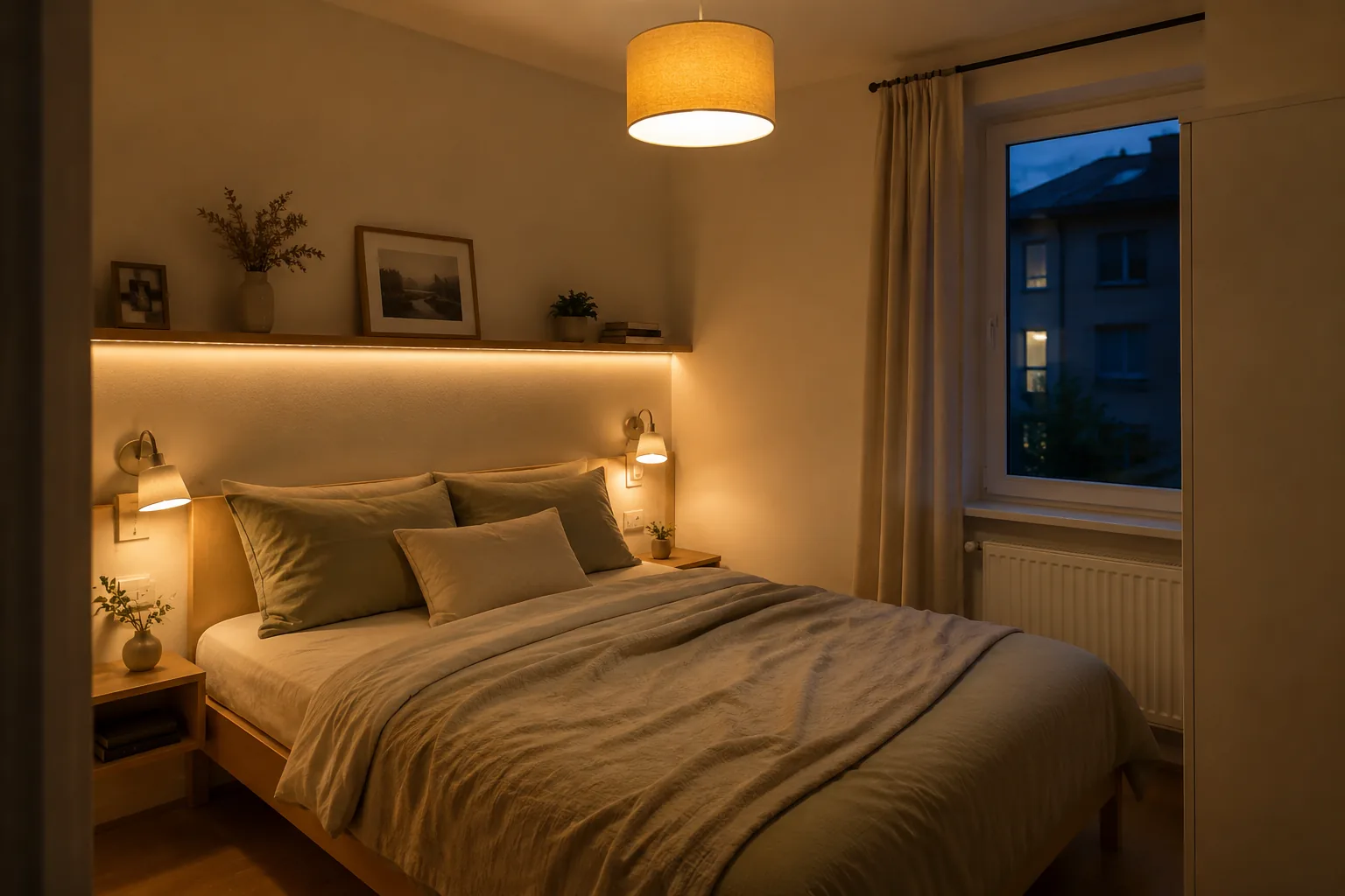 Deckenleuchte, zwei Leselampen und indirektes Licht im kleinen Schlafzimmer
