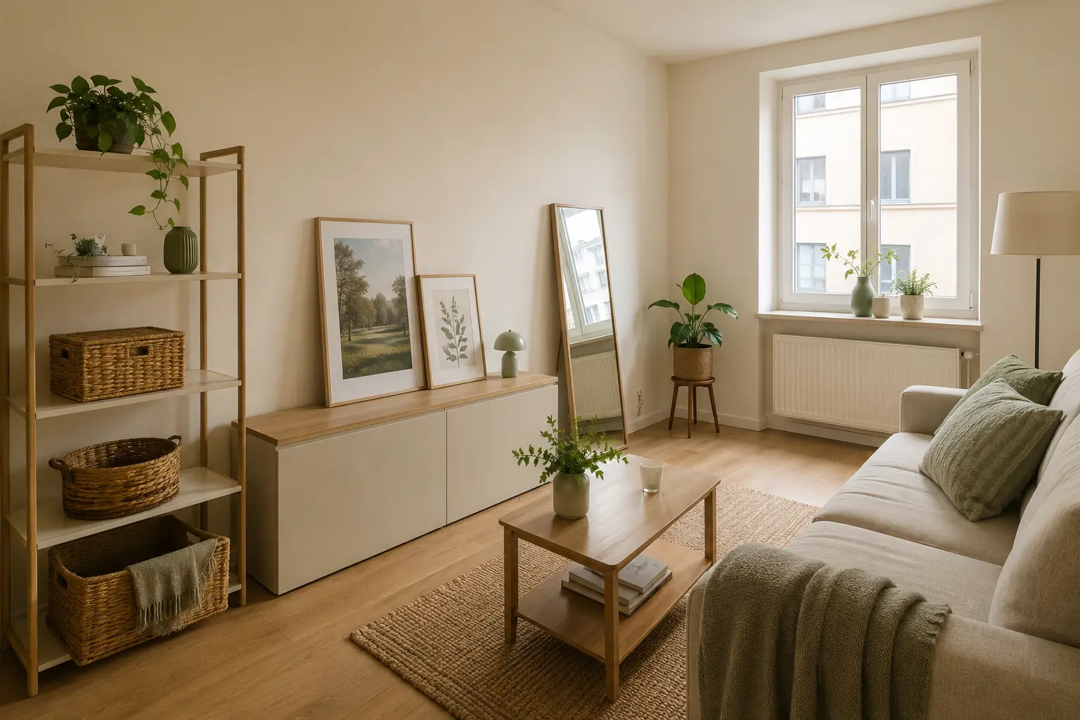 Kleine Mietwohnung mit bohrfreien Wohnideen, freistehendem Regal und aufgestellten Bildern