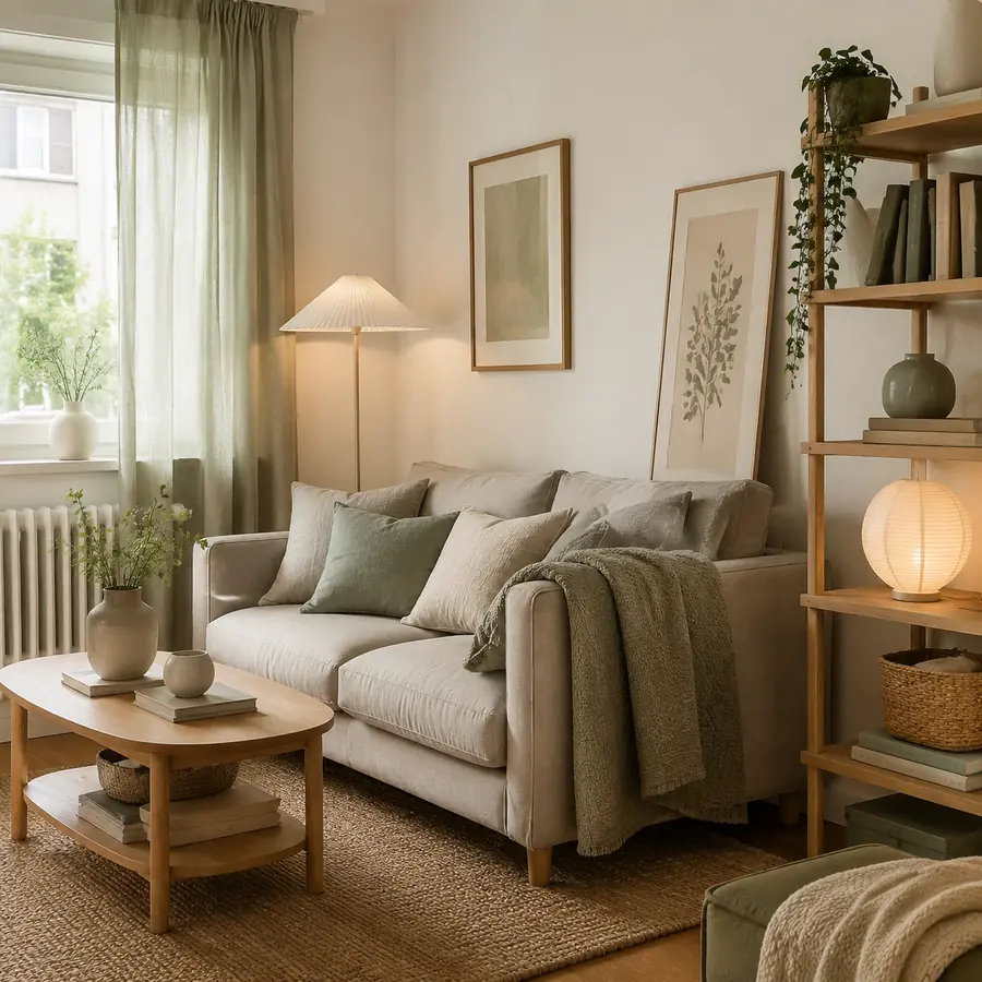Gemütliches Wohnzimmer in einer Mietwohnung mit mieterfreundlicher Dekoration