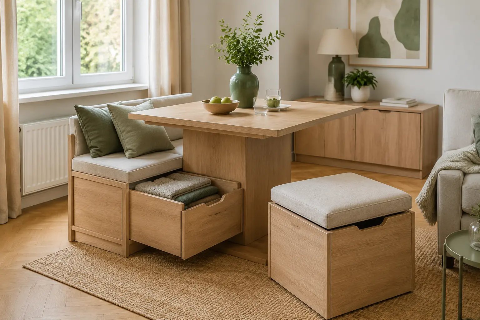 Multifunktionale Sitzbank mit Stauraum und kleinem Tisch in einer kleinen Wohnung