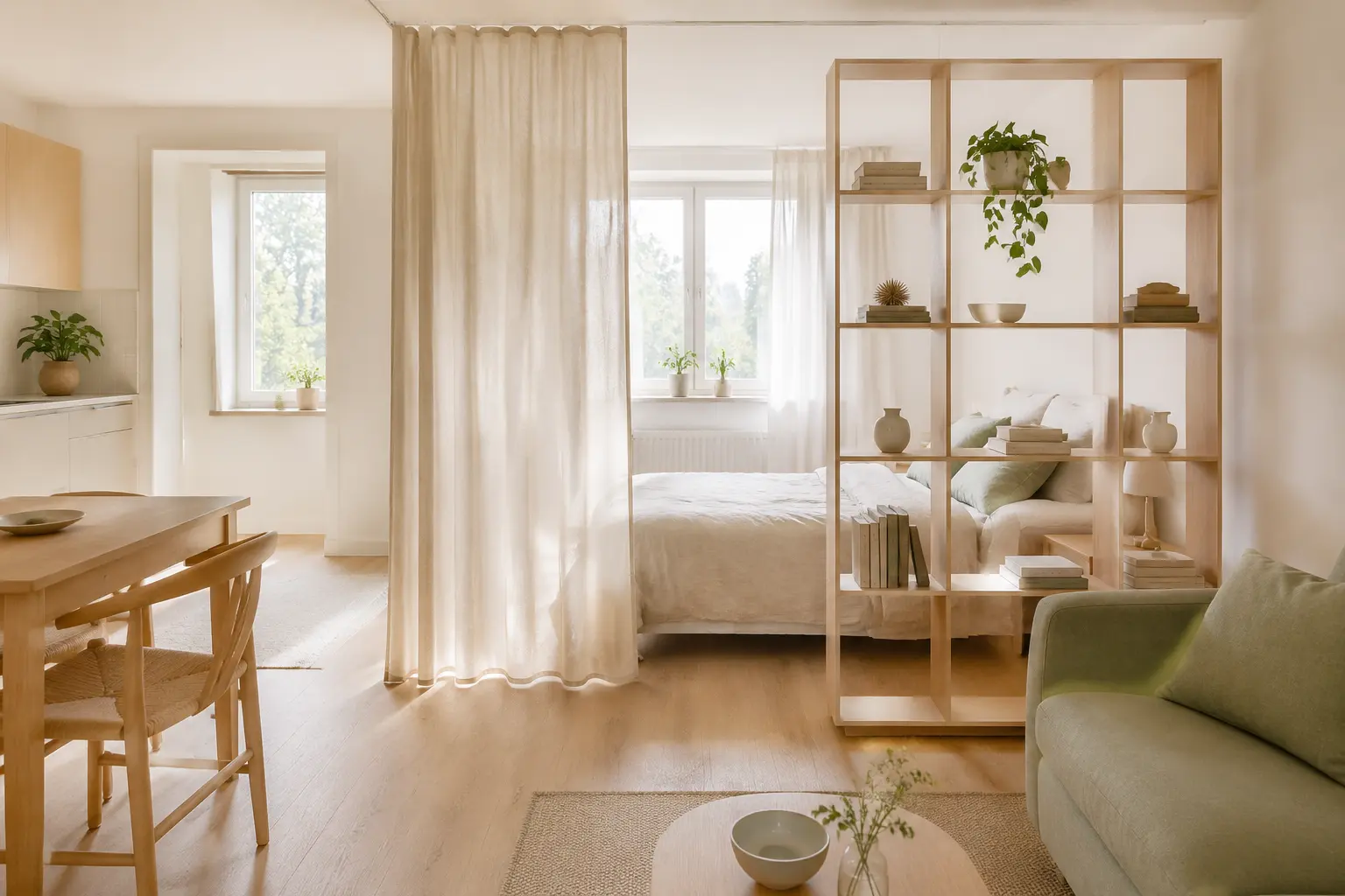 Leichtes offenes Regal und Vorhang trennen Schlaf- und Wohnbereich einer kleinen Wohnung