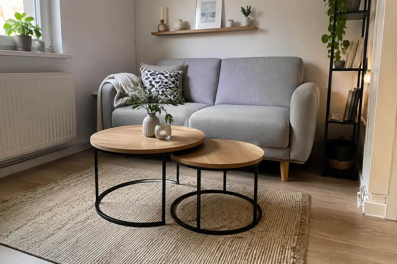 Runde verschachtelbare Satztische vor einem Sofa im kleinen Wohnzimmer