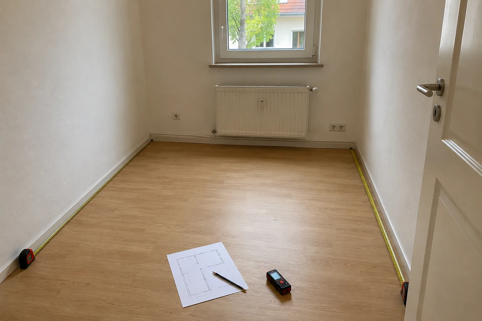 Kleines Schlafzimmer ausmessen und Bett, Tür, Fenster und Schrank im Grundriss planen
