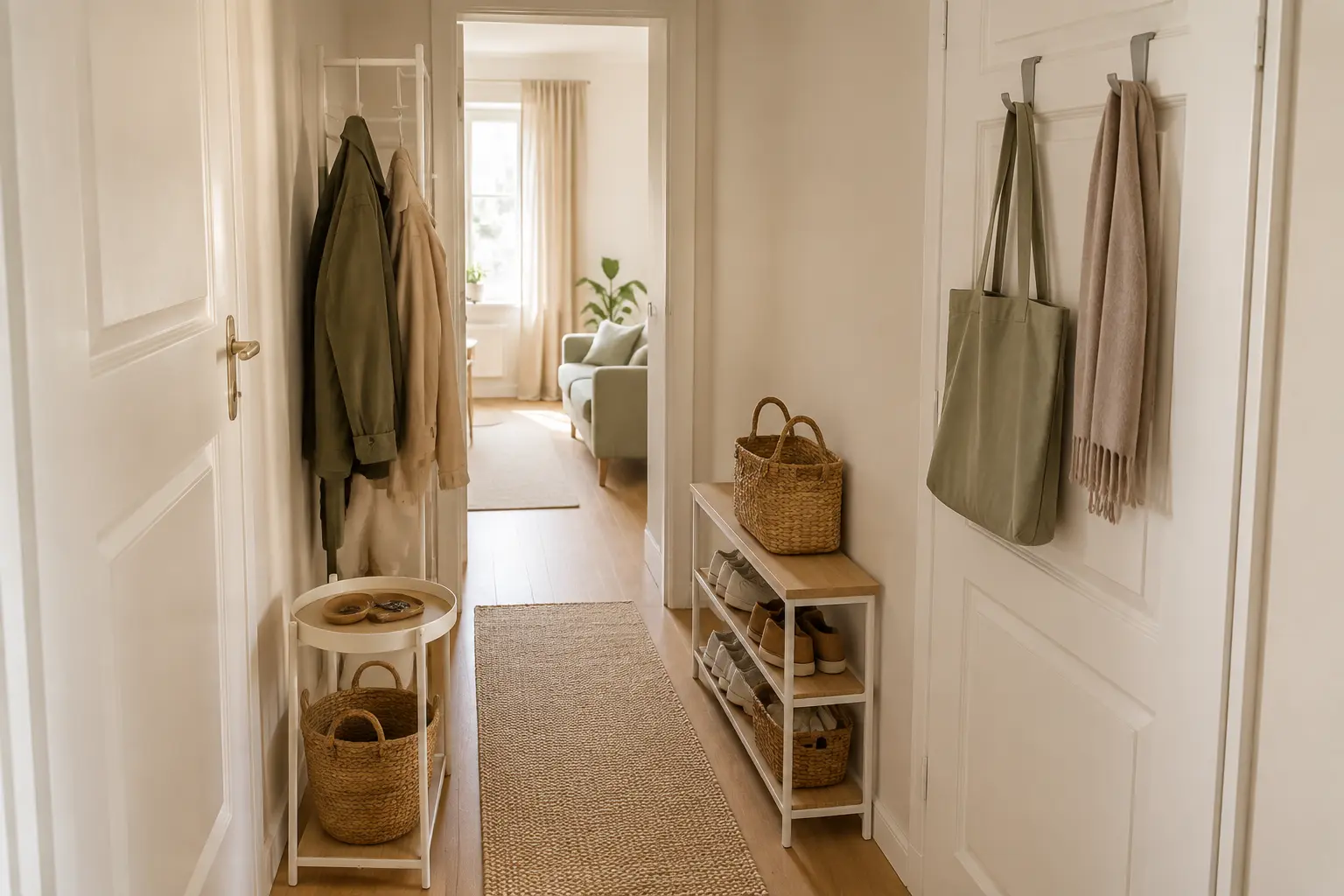 Schmaler Flur mit freistehender Garderobe, Türhaken und Schuhablage