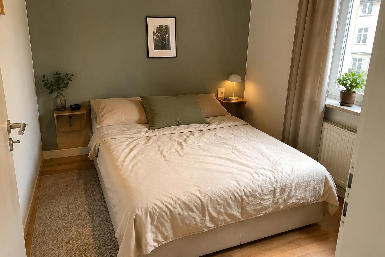 Zwei schmale schwebende Nachttische neben einem Bett im kleinen Schlafzimmer