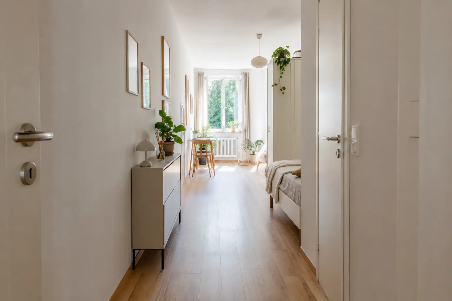 Freie Sichtachse durch eine kleine helle Wohnung mit schlanken Möbeln