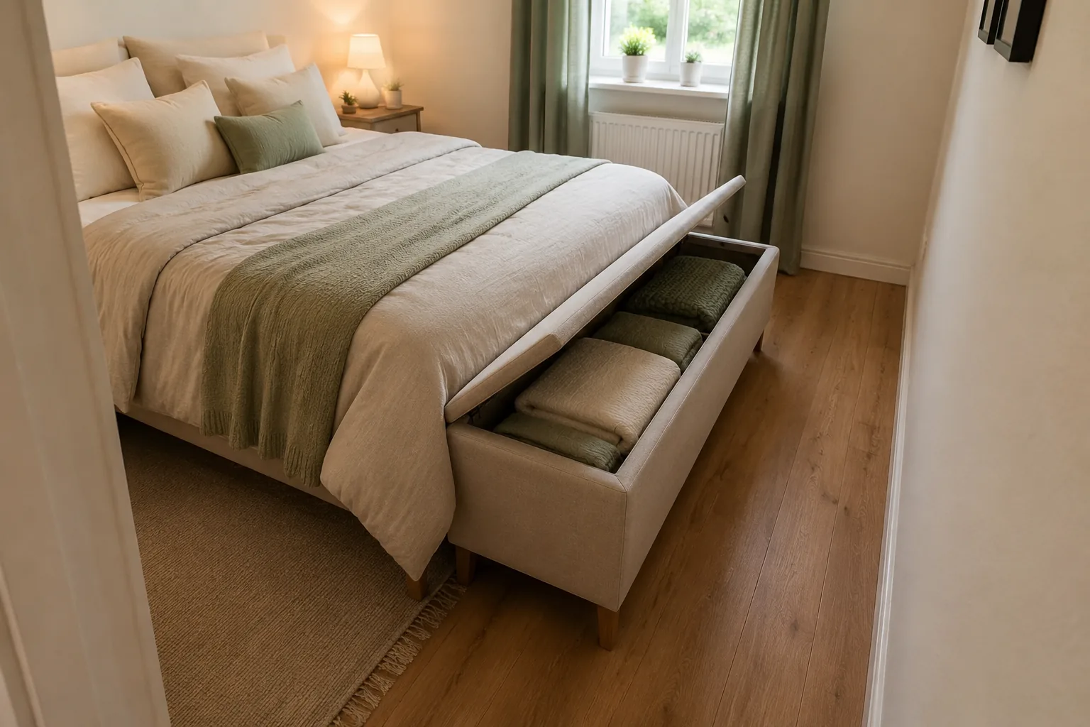 Schmale Sitzbank mit Stauraum am Bettende in einem kleinen Schlafzimmer