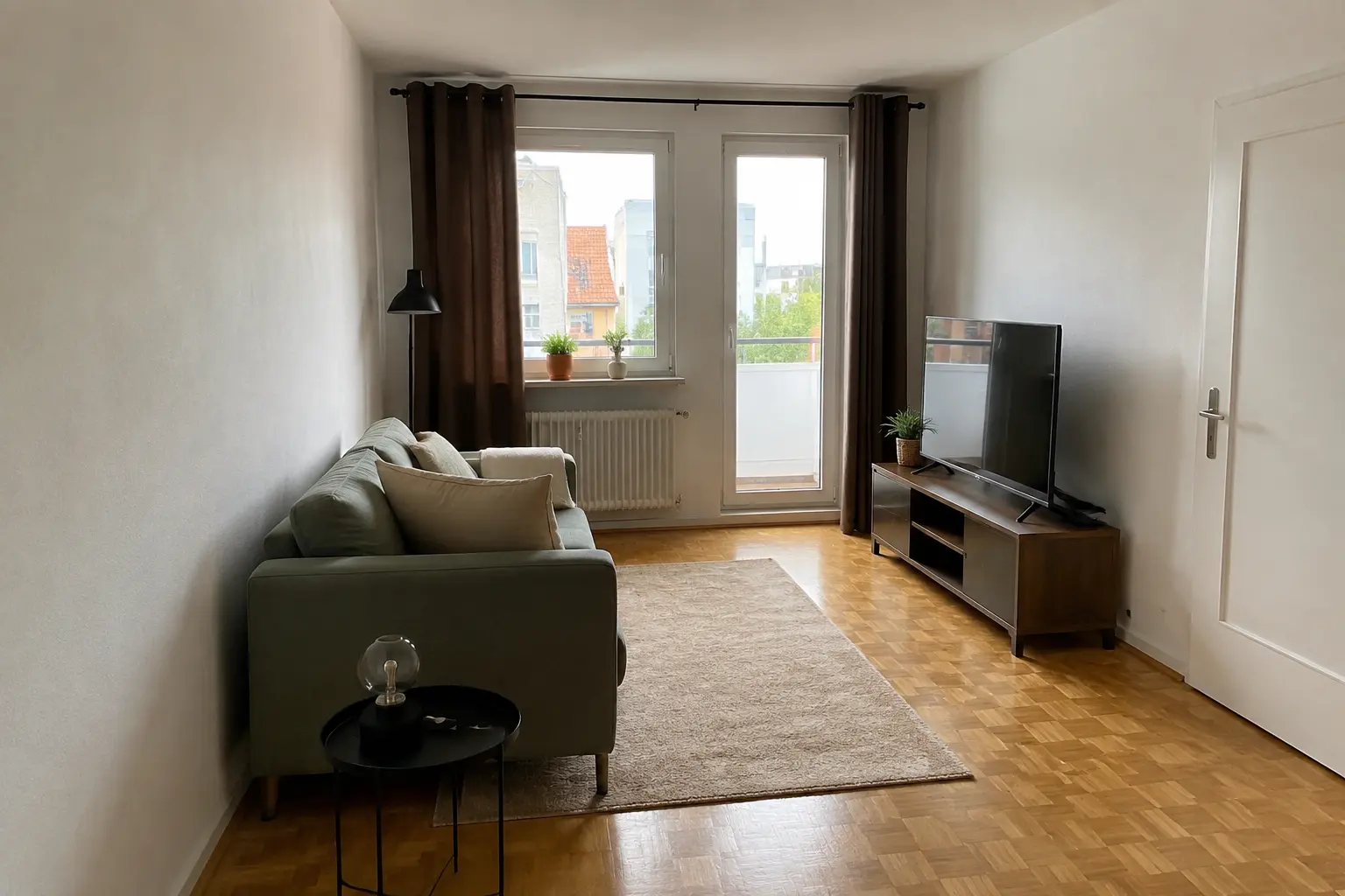 Alternative Sofaposition teilt ein kleines längliches Wohnzimmer in klare Zonen