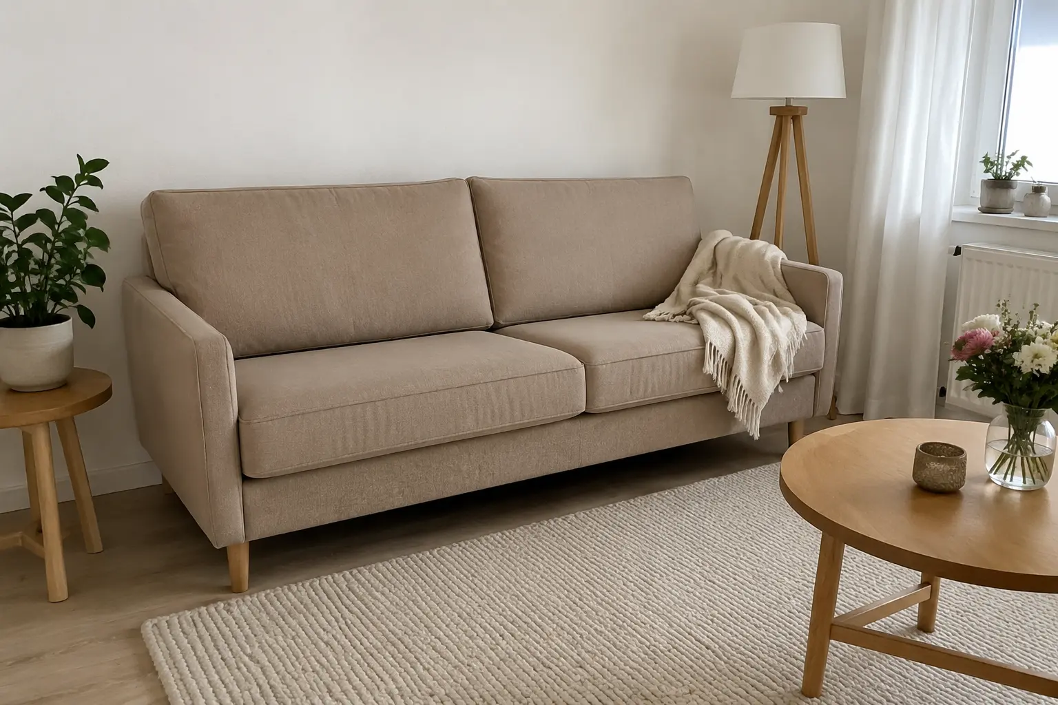 Kompaktes Sofa mit schmalen Armlehnen und sichtbaren Füßen im kleinen Wohnzimmer