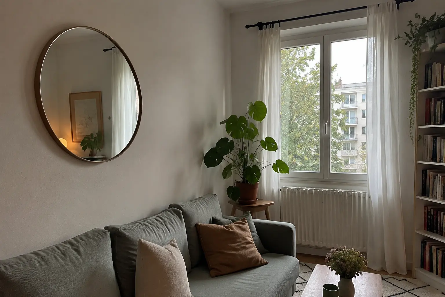 Spiegel reflektiert Tageslicht in einem kleinen hellen Wohnzimmer