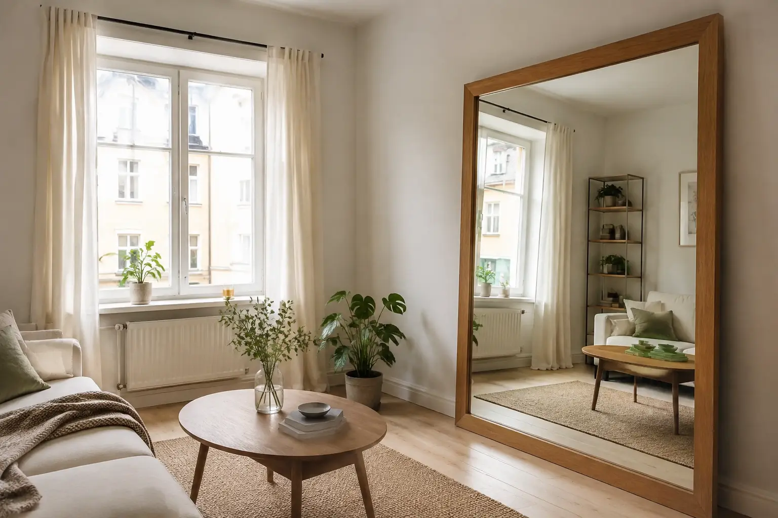 Großer Wandspiegel reflektiert Tageslicht in einer kleinen Wohnung
