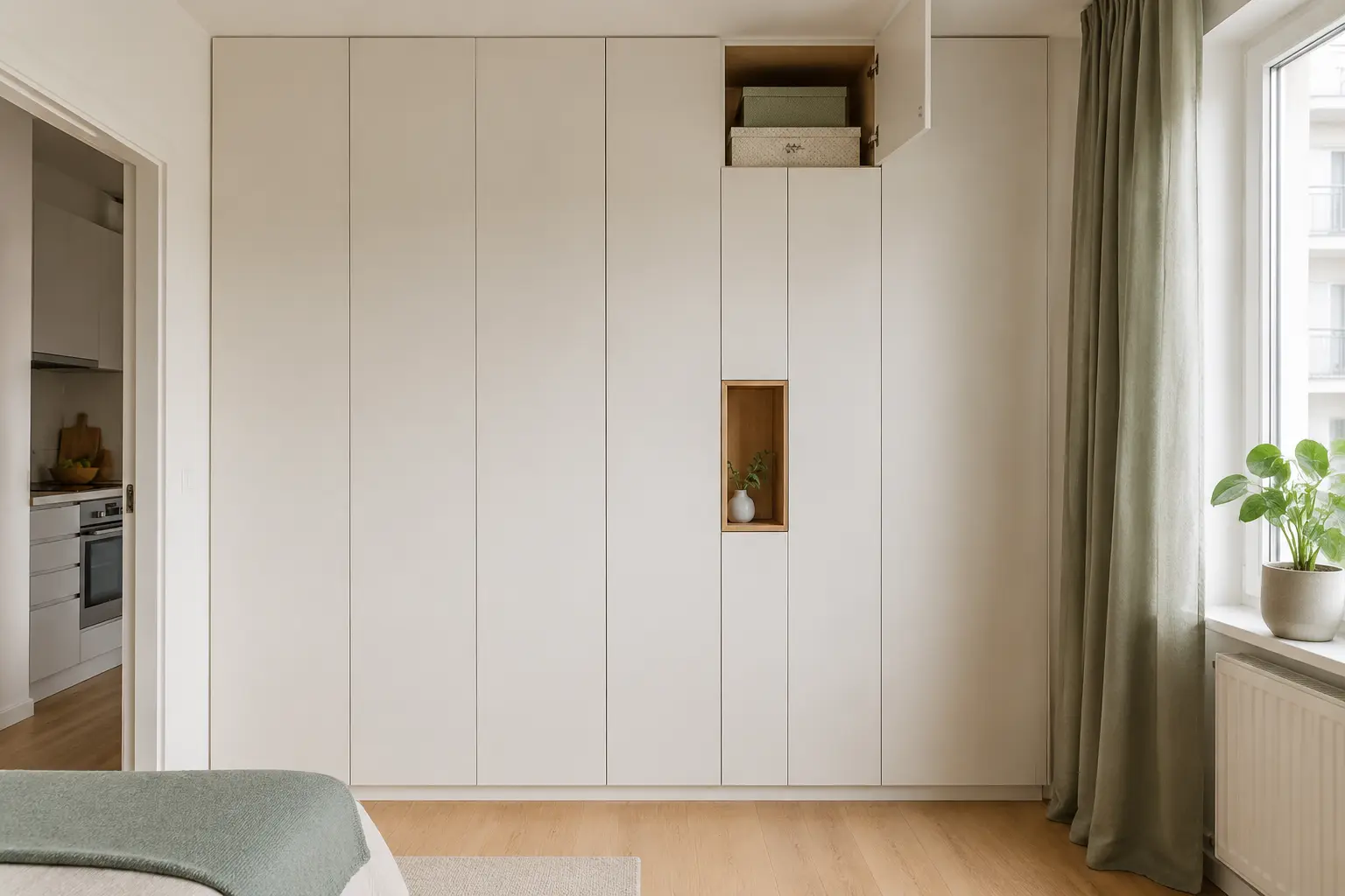 Deckenhoher geschlossener Stauraum in einer kleinen Wohnung