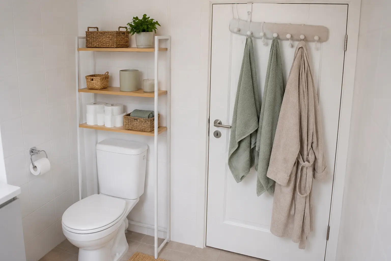 Freistehendes Regal über der Toilette und Türhaken ohne Bohren im Mietbad