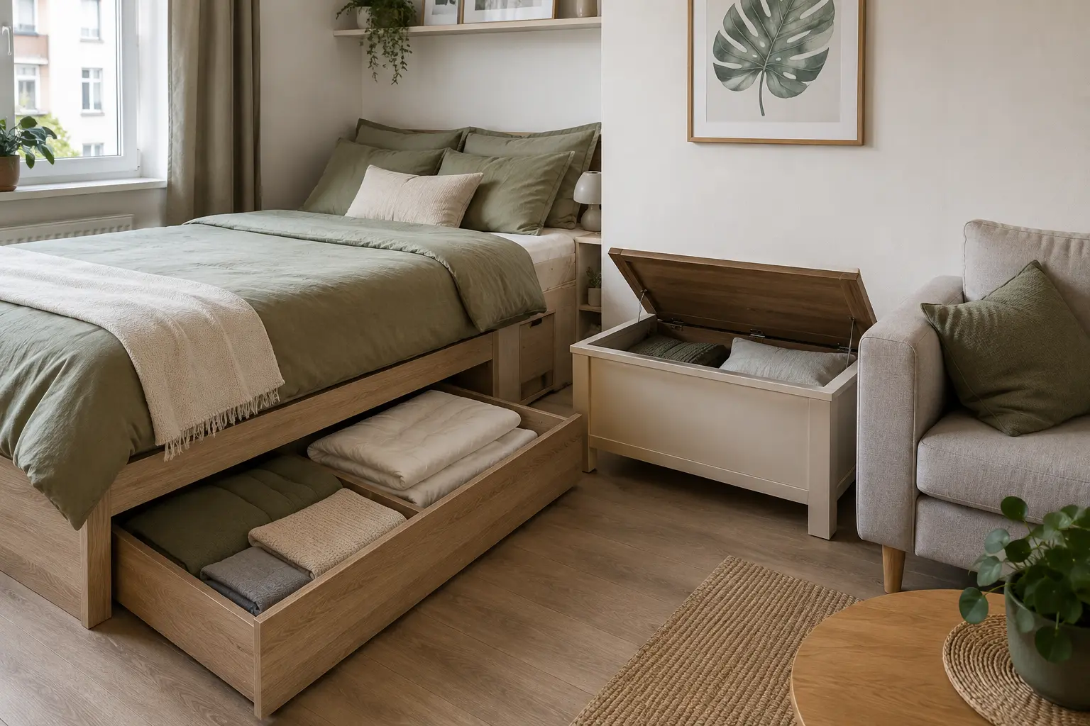 Geöffnete Stauraumschubladen unter Bett und Sitzbank in einer kleinen Wohnung