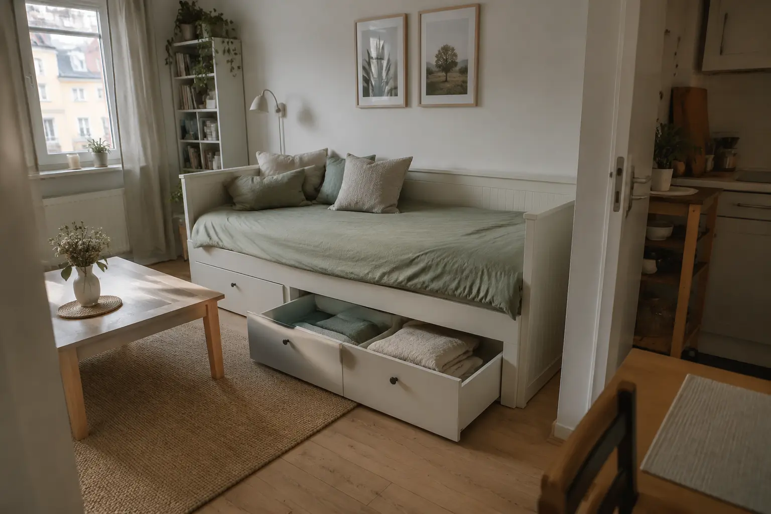 Helles Tagesbett mit Schubladen als Sofa und Schlafplatz in einer kleinen Wohnung