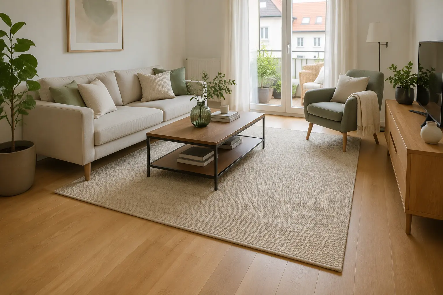 Passend großer heller Teppich verbindet die Sitzgruppe in einer kleinen Wohnung